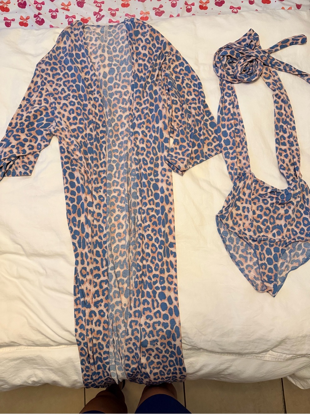 Leopard Print Kimono Cover-Up and Matching Bikini Set - Purple & Pink